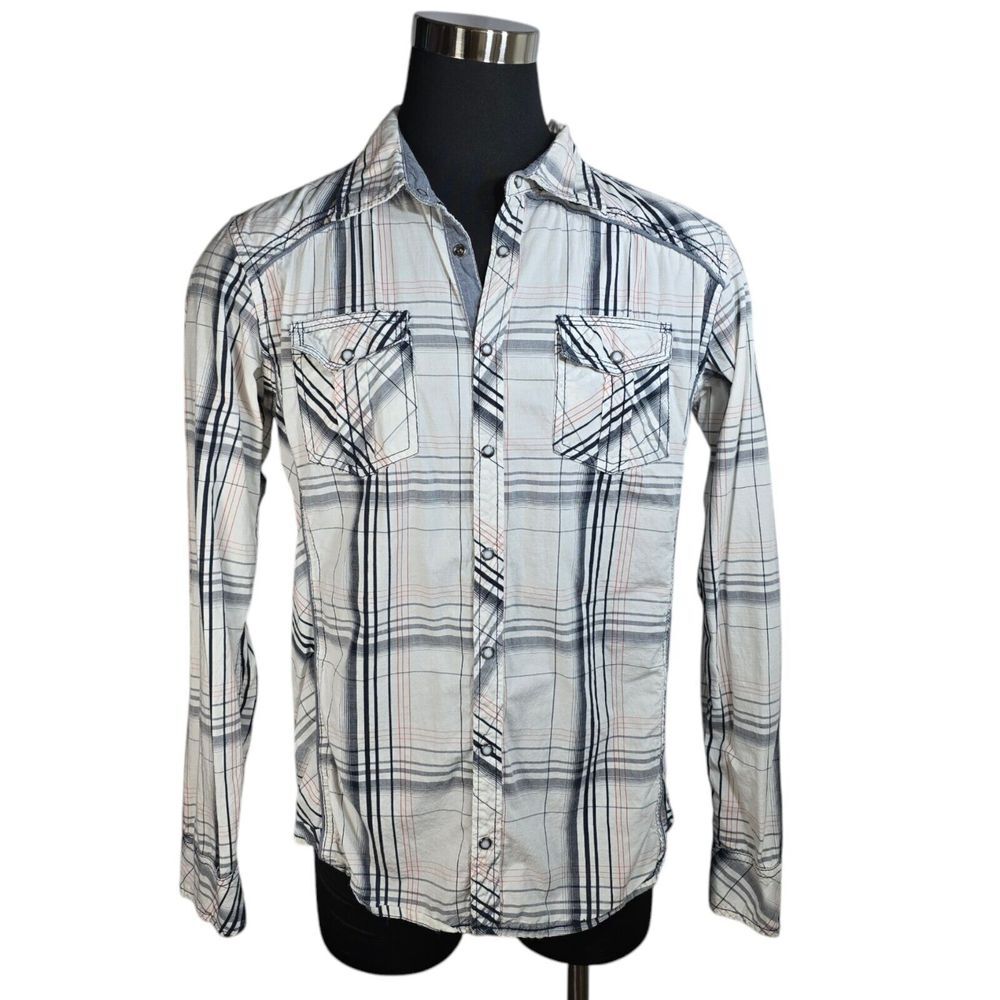 BKE Buckle Men's Athletic Fit Plaid Western Pearl Snap Button Up Shirt‎ Size L